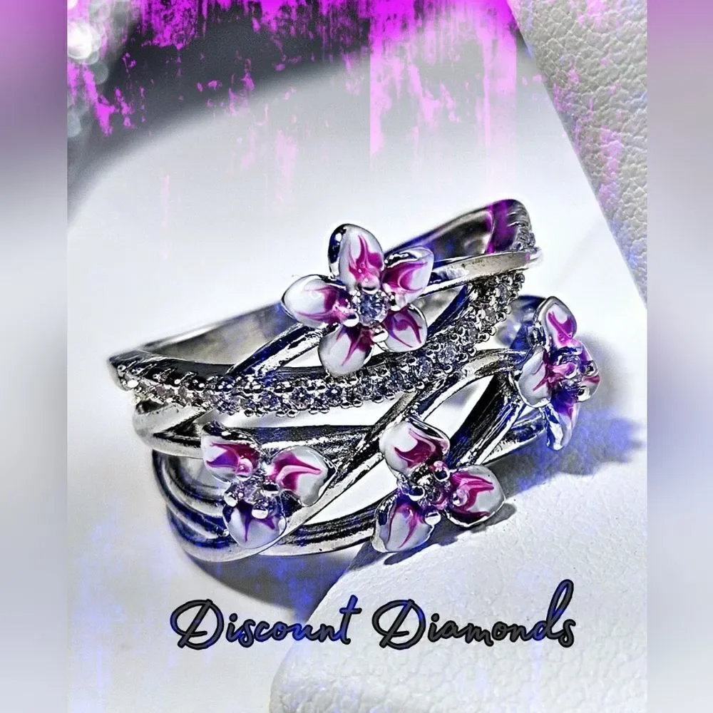 Pink Flower Clear White Diamond Ring on 925 Sterling Silver - Women's